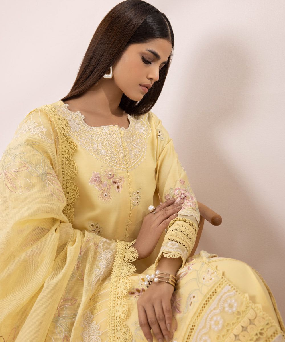 3-Piece Cotton Satin Suit with Embroidery.