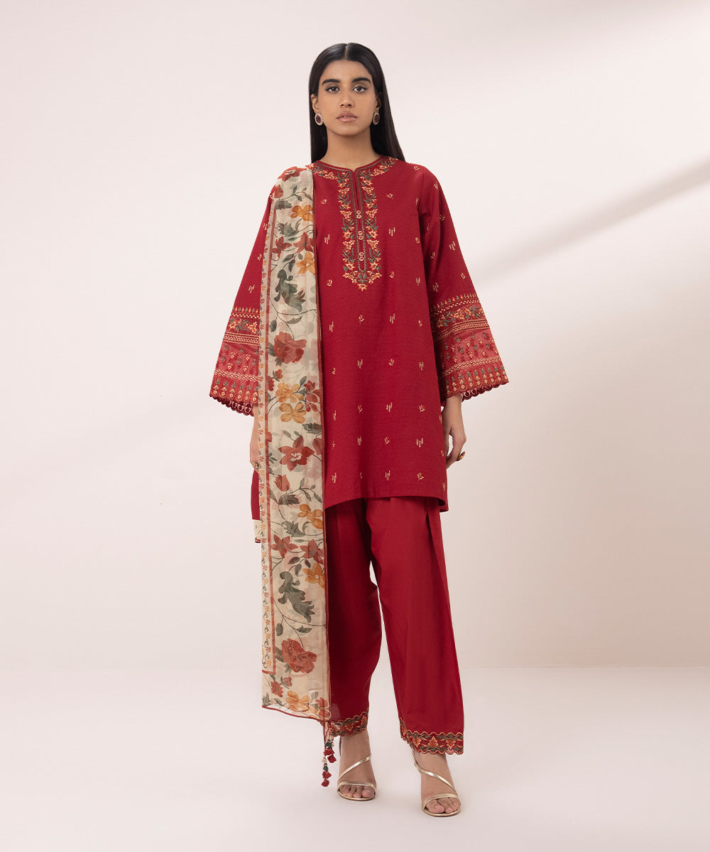 3 Piece Dobby Suit with Embroidery - Shop Now