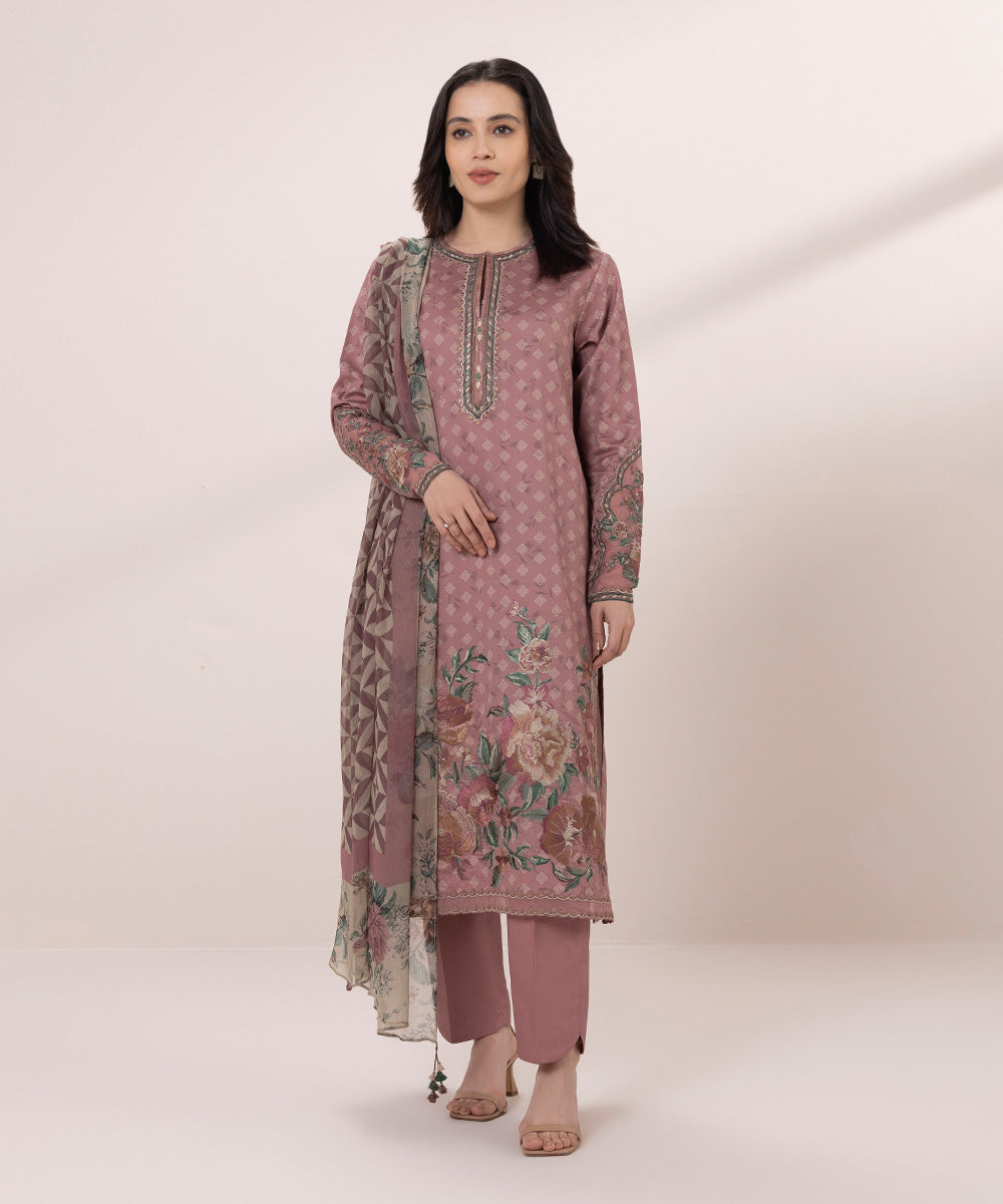 3 Piece Embroidered Cotton Satin Suit - Shop Now!