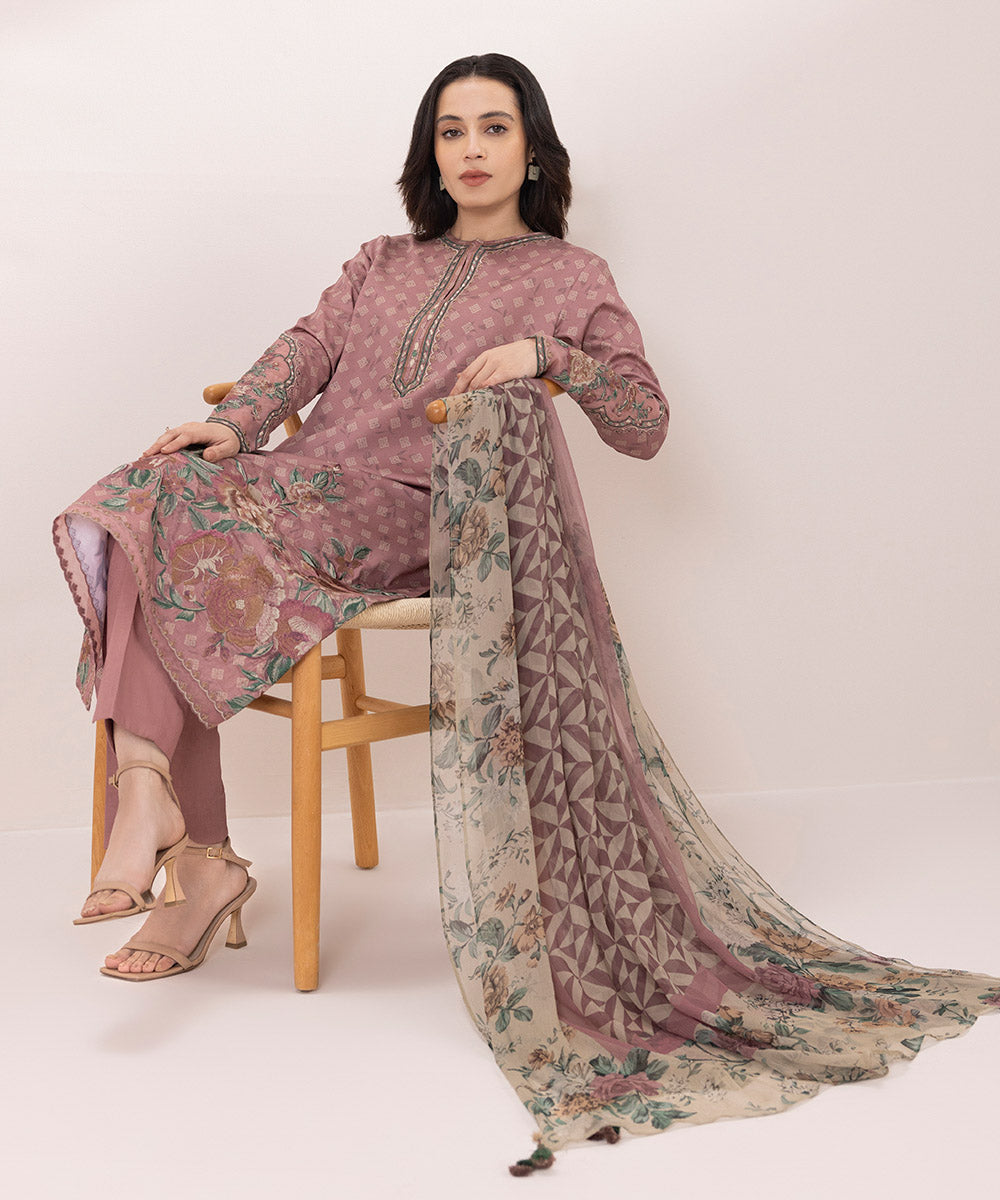 3 Piece Embroidered Cotton Satin Suit - Shop Now!