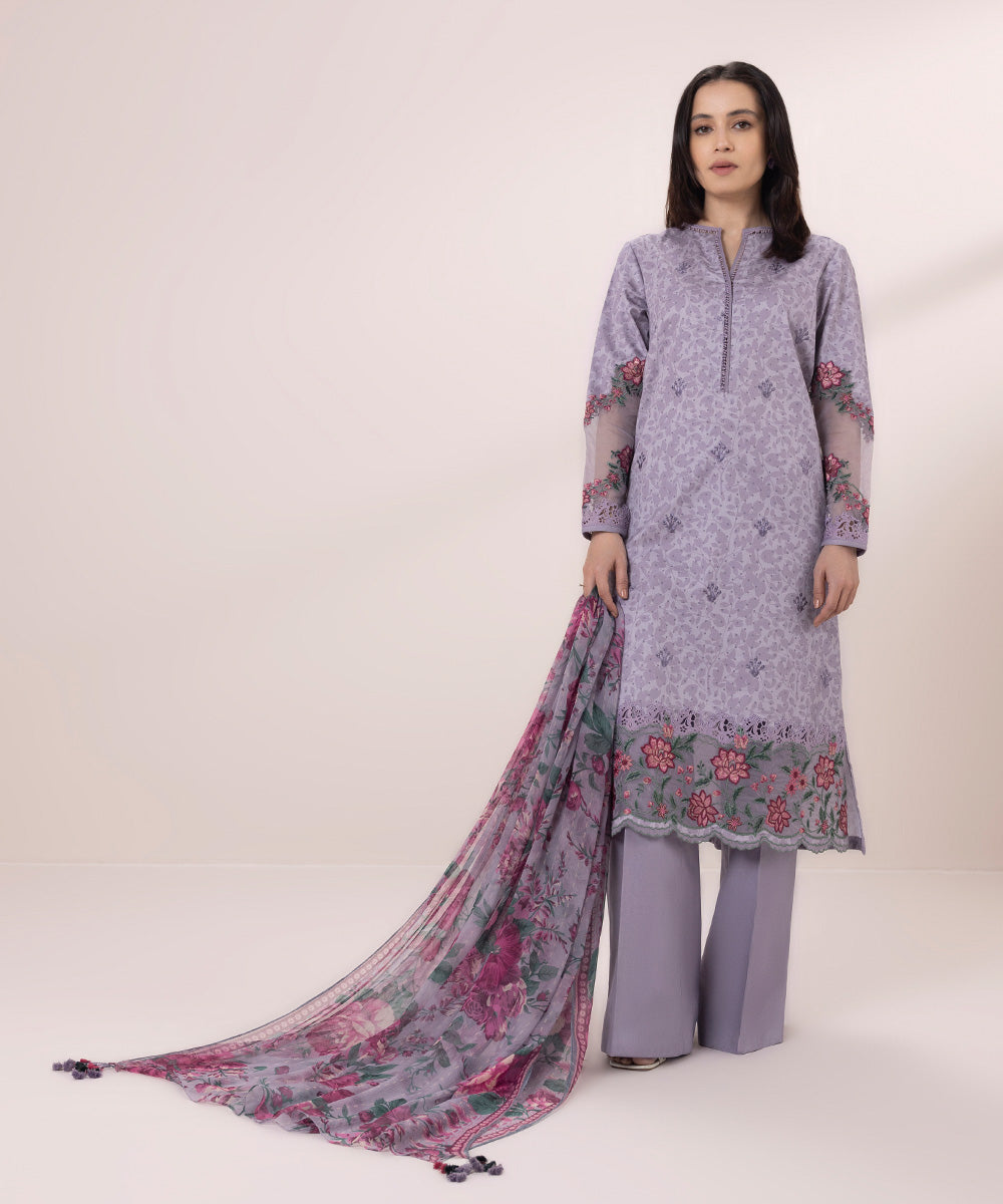 3-Piece Embroidered Cotton Satin Suit