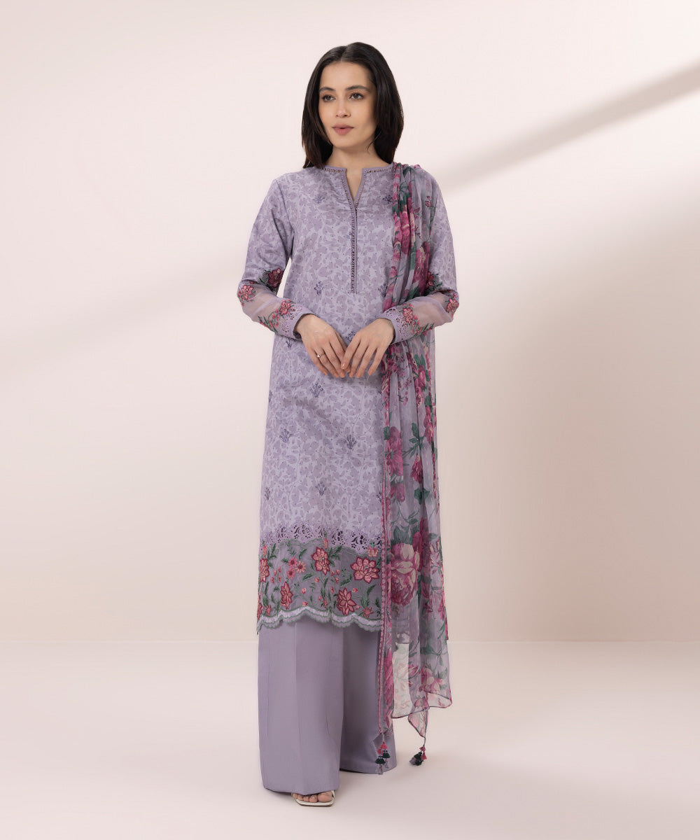 3-Piece Embroidered Cotton Satin Suit