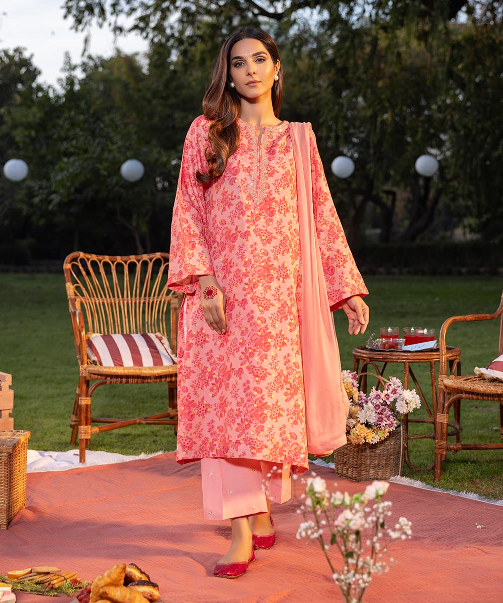 3 Piece Embroidered Raw Silk Suit