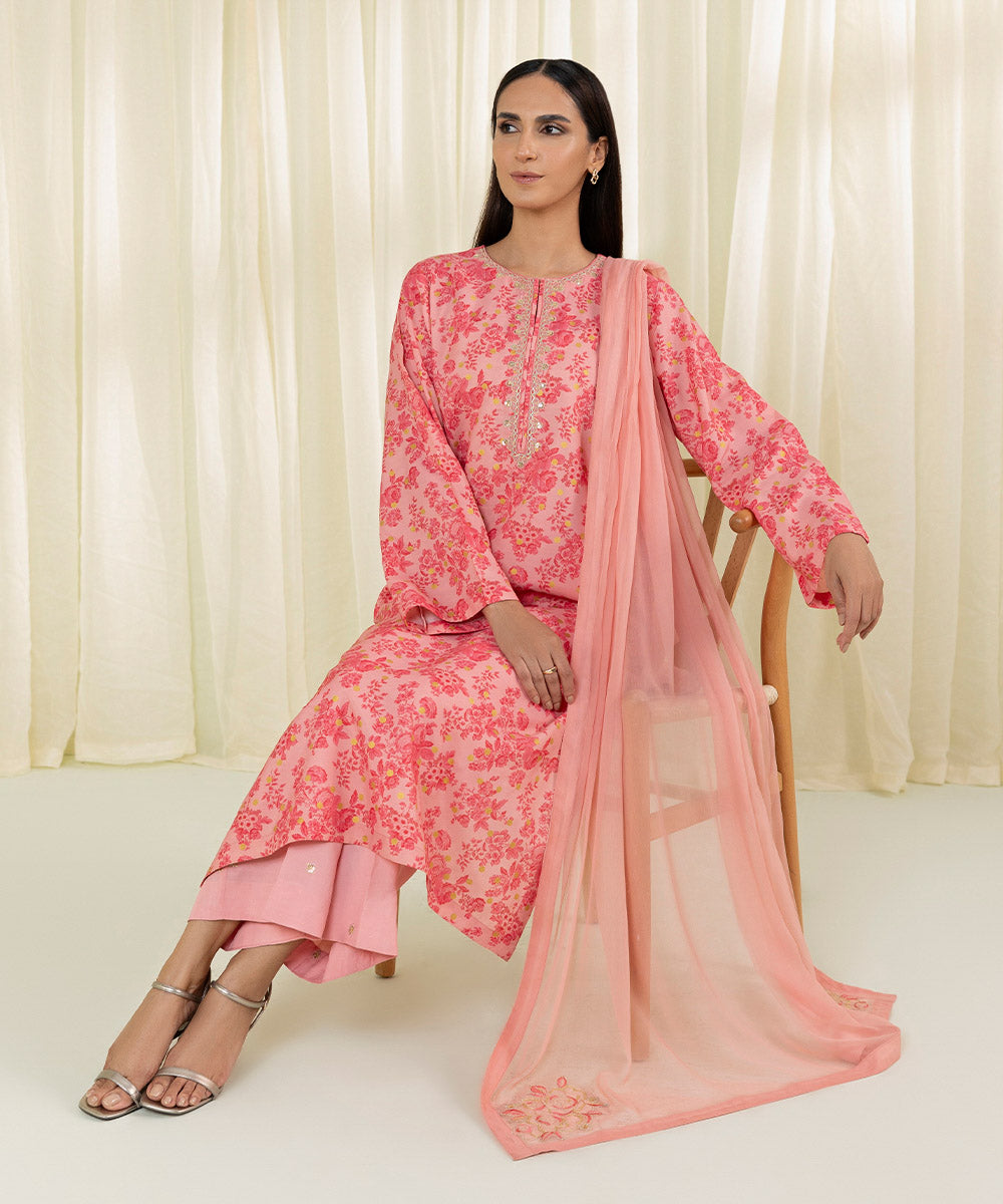 3 Piece Embroidered Raw Silk Suit