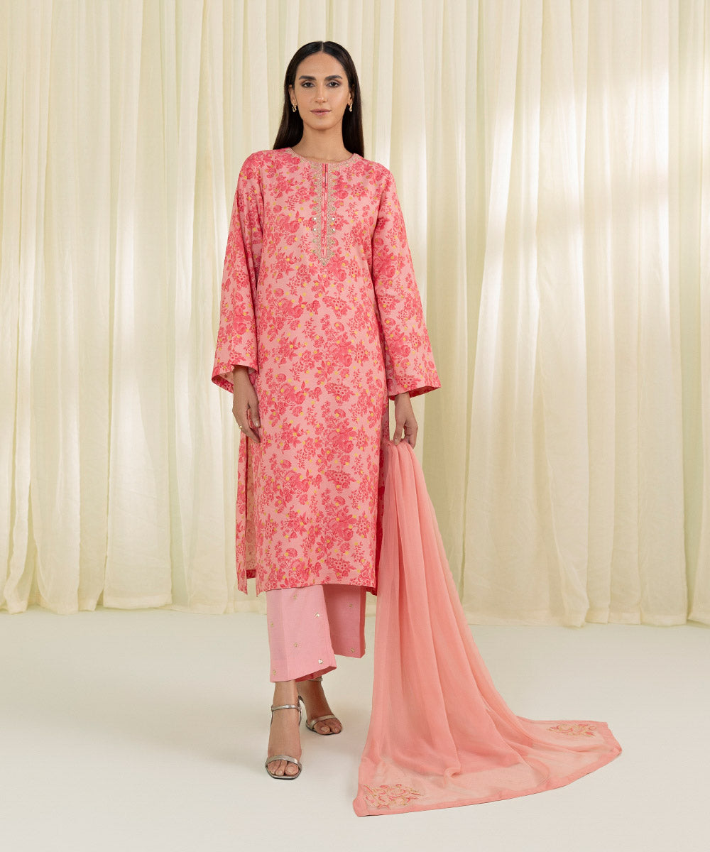 3 Piece Embroidered Raw Silk Suit