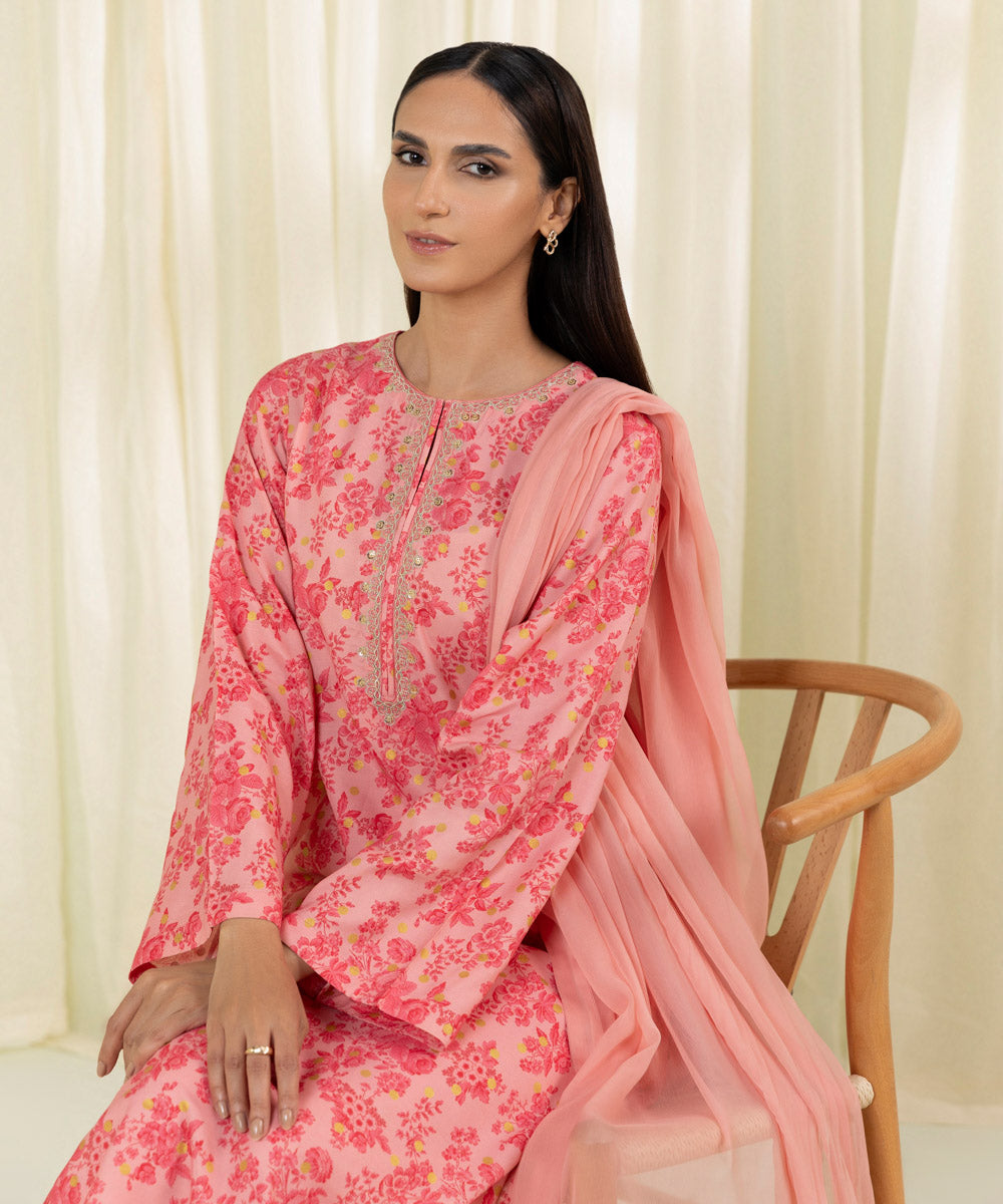 3 Piece Embroidered Raw Silk Suit