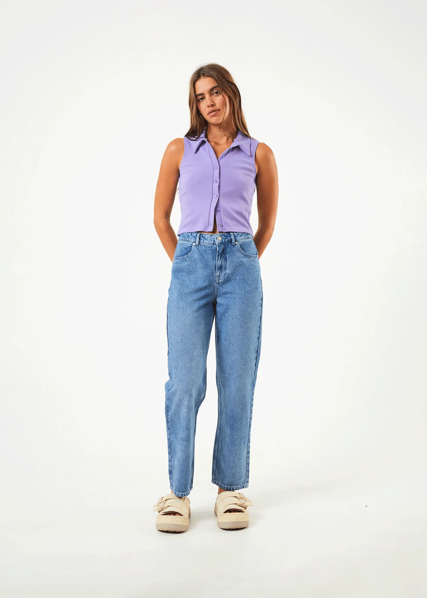 AFENDS Shelby Denim Wide Leg Jeans - Long Length, Worn Blue