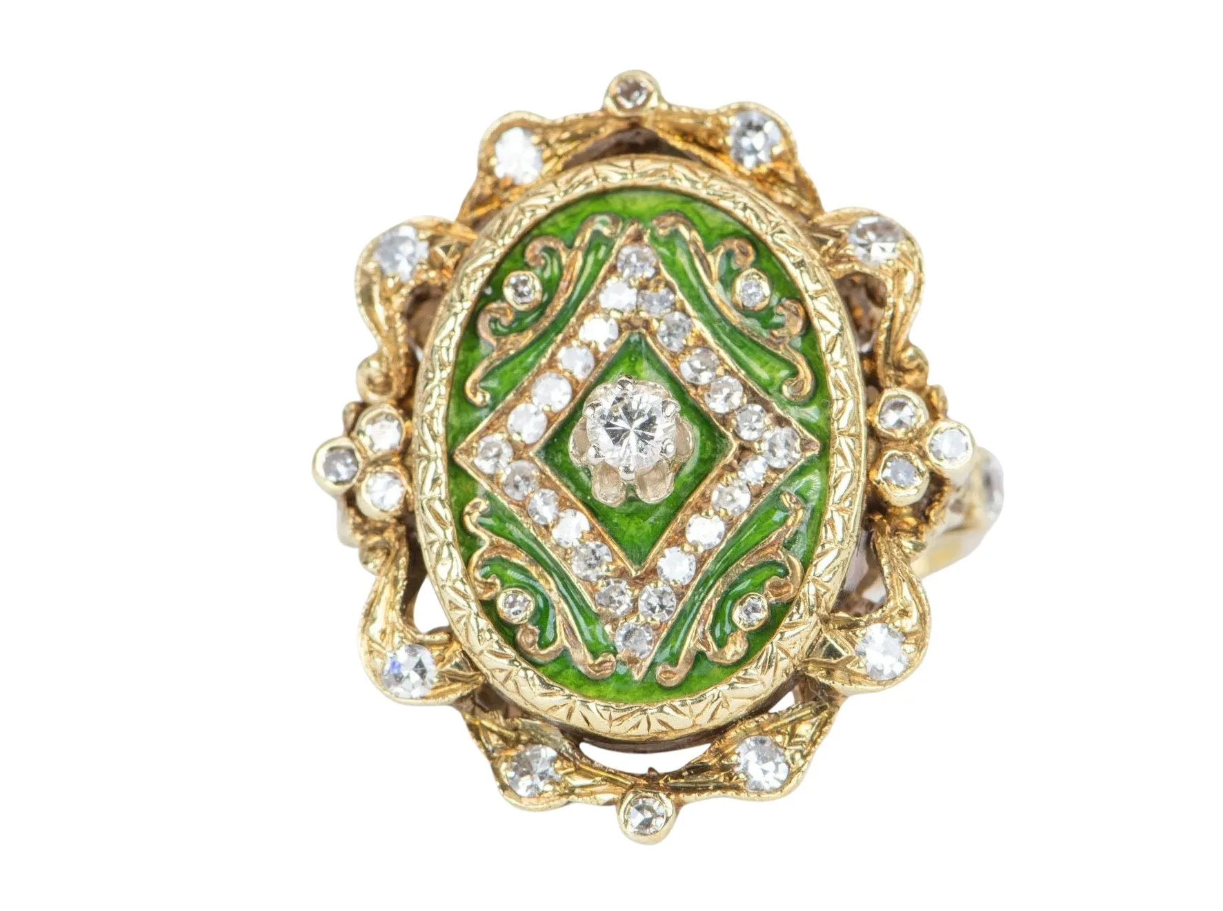 Art Nouveau Green Enamel Cocktail Ring with Diamond, Antique, 14K Gold, 9g, V1081