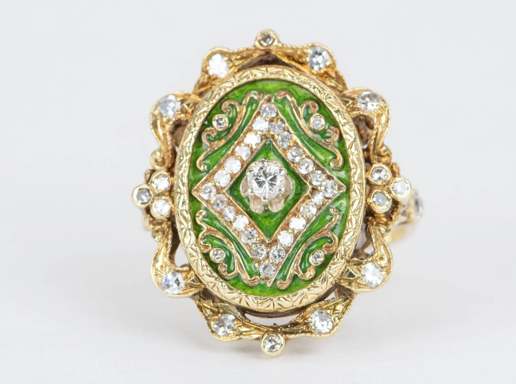 Art Nouveau Green Enamel Cocktail Ring with Diamond, Antique, 14K Gold, 9g, V1081