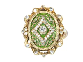 Art Nouveau Green Enamel Cocktail Ring with Diamond, Antique, 14K Gold, 9g, V1081