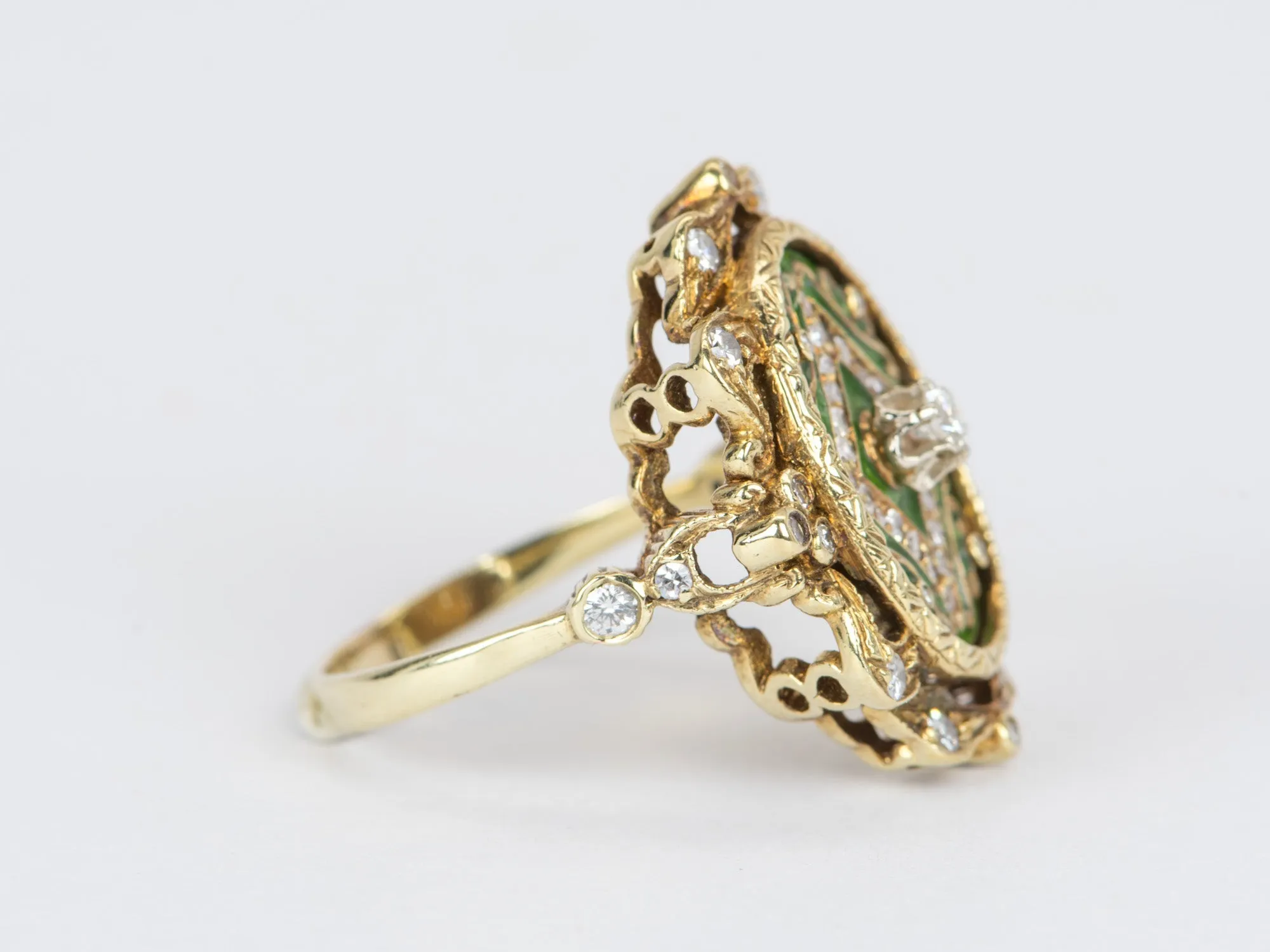 Art Nouveau Green Enamel Cocktail Ring with Diamond, Antique, 14K Gold, 9g, V1081