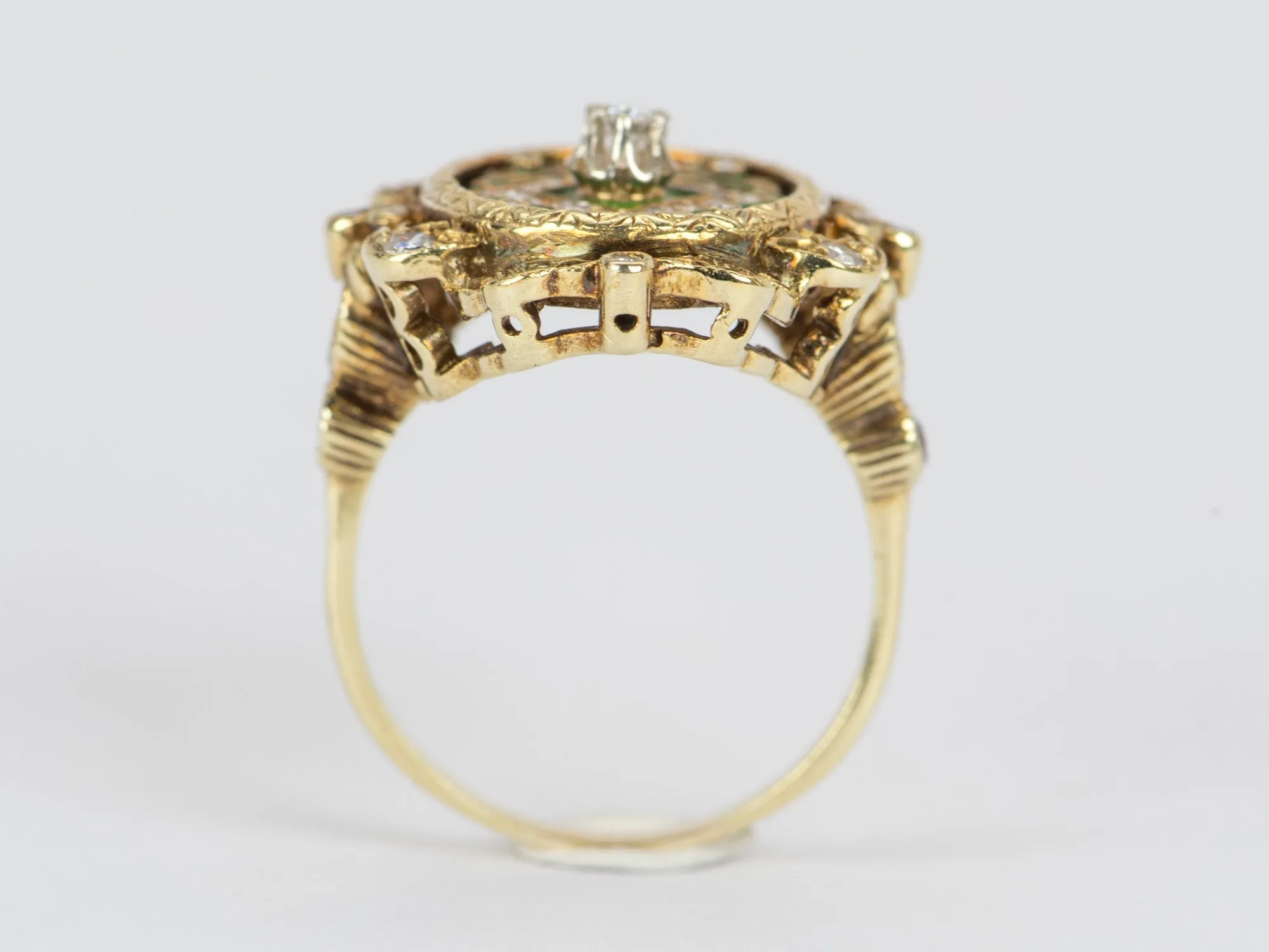 Art Nouveau Green Enamel Cocktail Ring with Diamond, Antique, 14K Gold, 9g, V1081