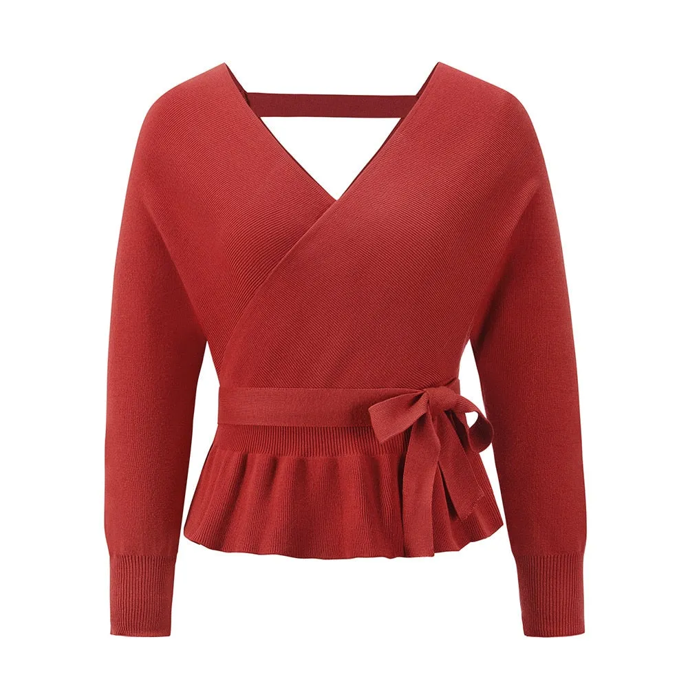 Thick Knitted Sweater with Bow Detail - Women's V-Neck Casual Pullover