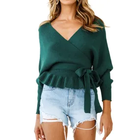 Thick Knitted Sweater with Bow Detail - Women's V-Neck Casual Pullover