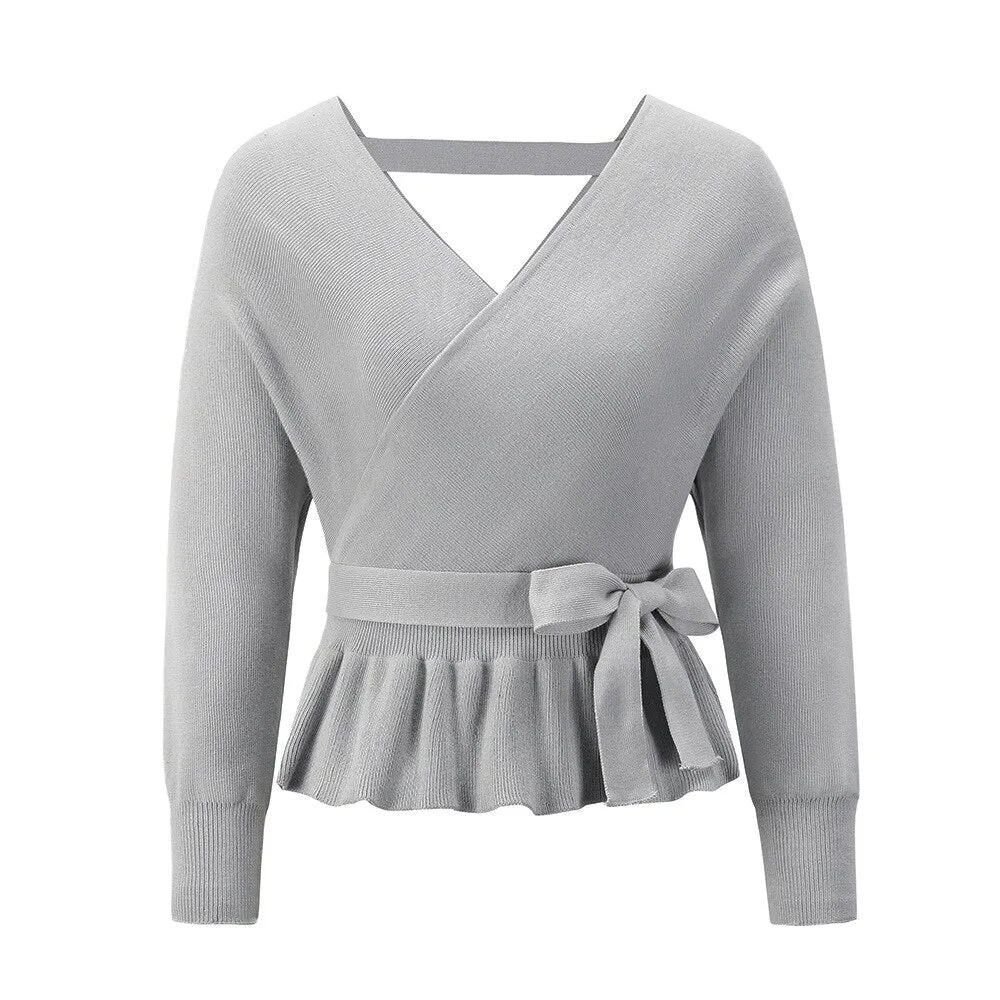 Thick Knitted Sweater with Bow Detail - Women's V-Neck Casual Pullover