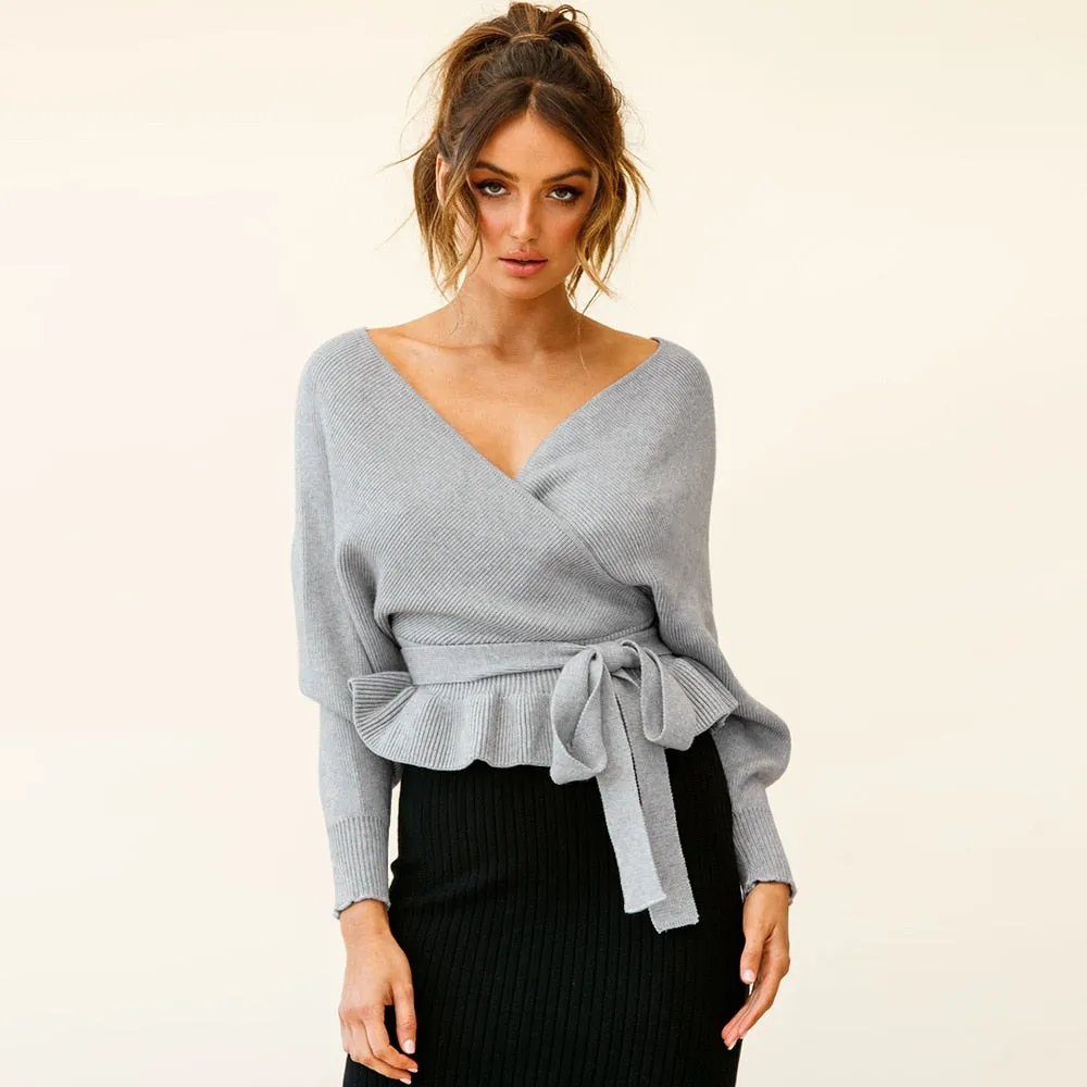 Thick Knitted Sweater with Bow Detail - Women's V-Neck Casual Pullover