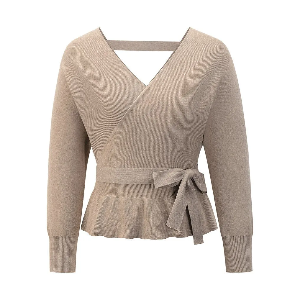 Thick Knitted Sweater with Bow Detail - Women's V-Neck Casual Pullover