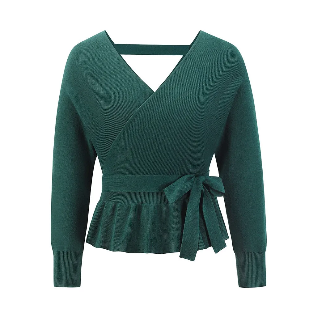 Thick Knitted Sweater with Bow Detail - Women's V-Neck Casual Pullover