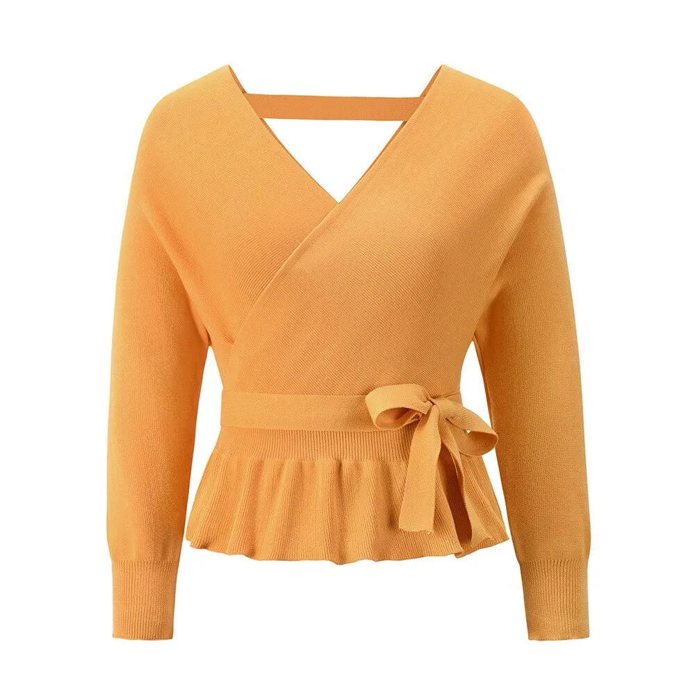 Thick Knitted Sweater with Bow Detail - Women's V-Neck Casual Pullover