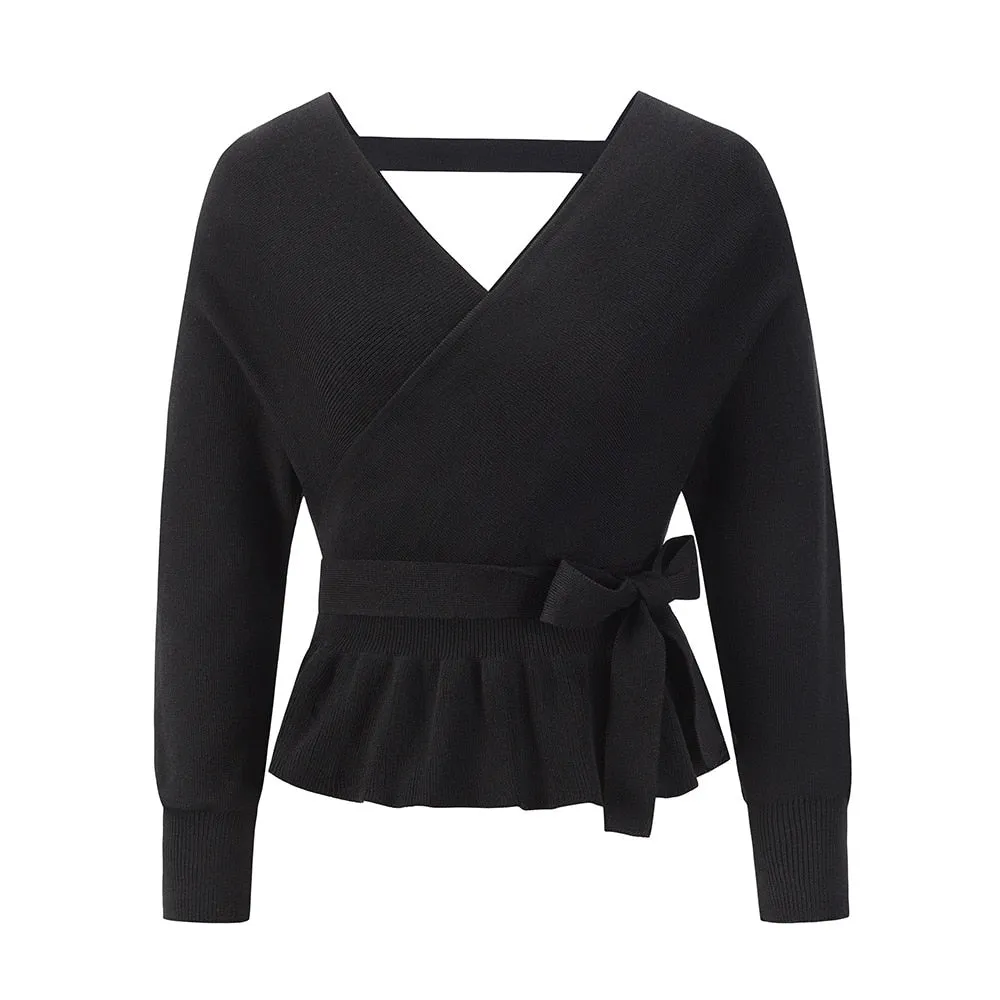 Thick Knitted Sweater with Bow Detail - Women's V-Neck Casual Pullover