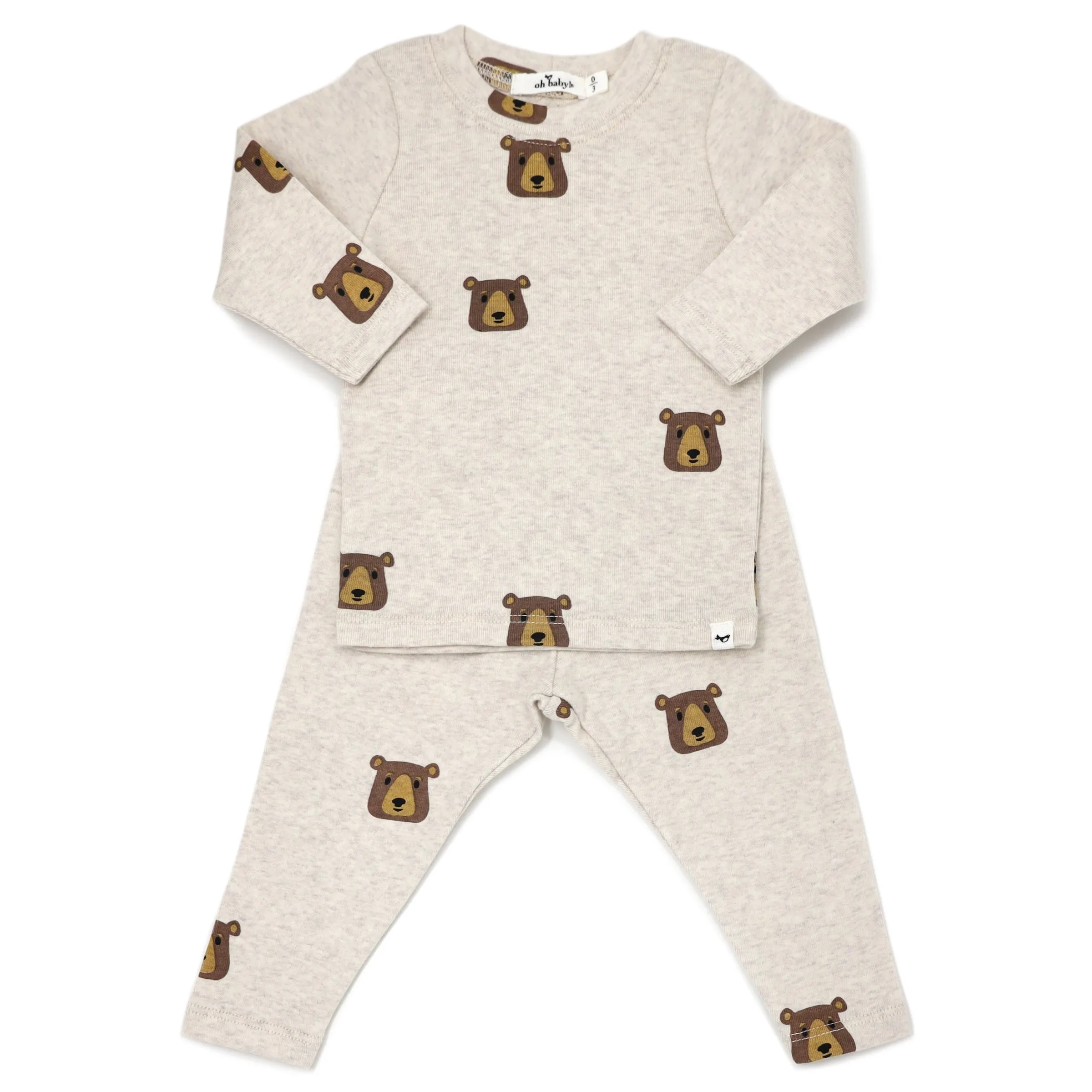 Baby Long Sleeve Two Piece Set Brown Bear Faces Print Sand