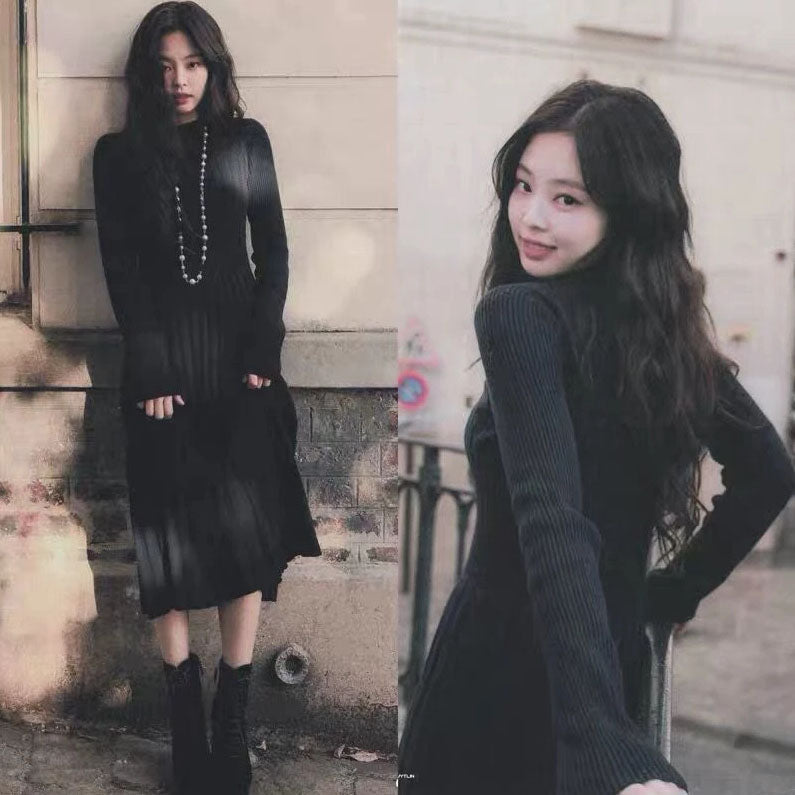 Black Chic Sweater Dress Blackpink Jennie Jenny Style - Long Outfits Kpop Fashion - Wedding Dinner - Dating Party - Clubber