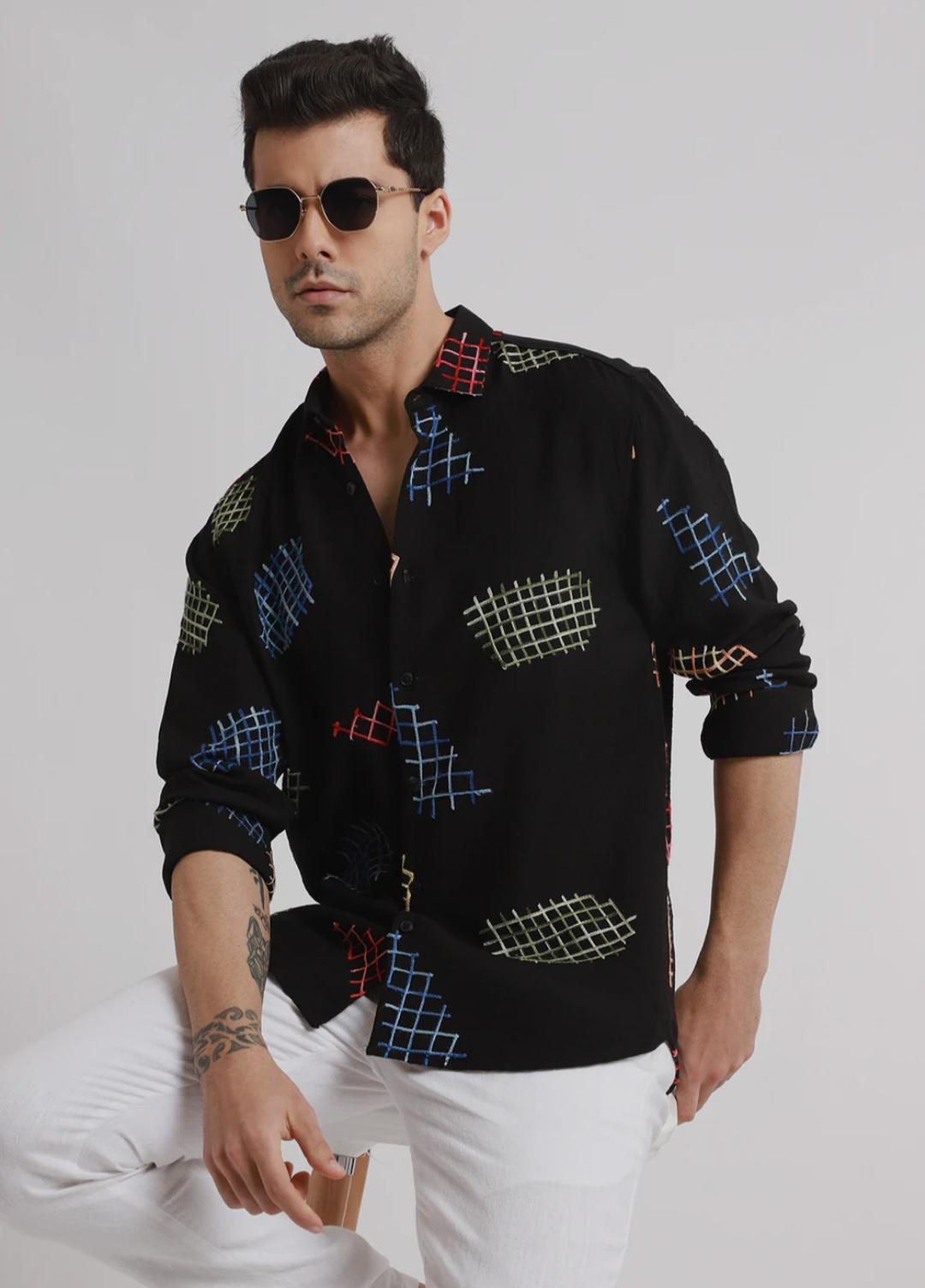 black embroidered shirt with geometric design