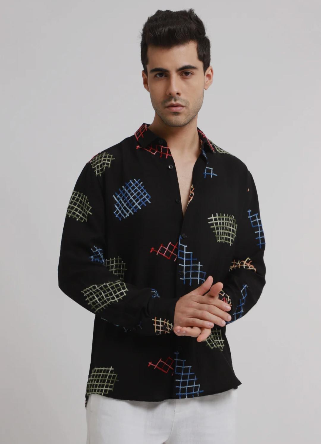 black embroidered shirt with geometric design