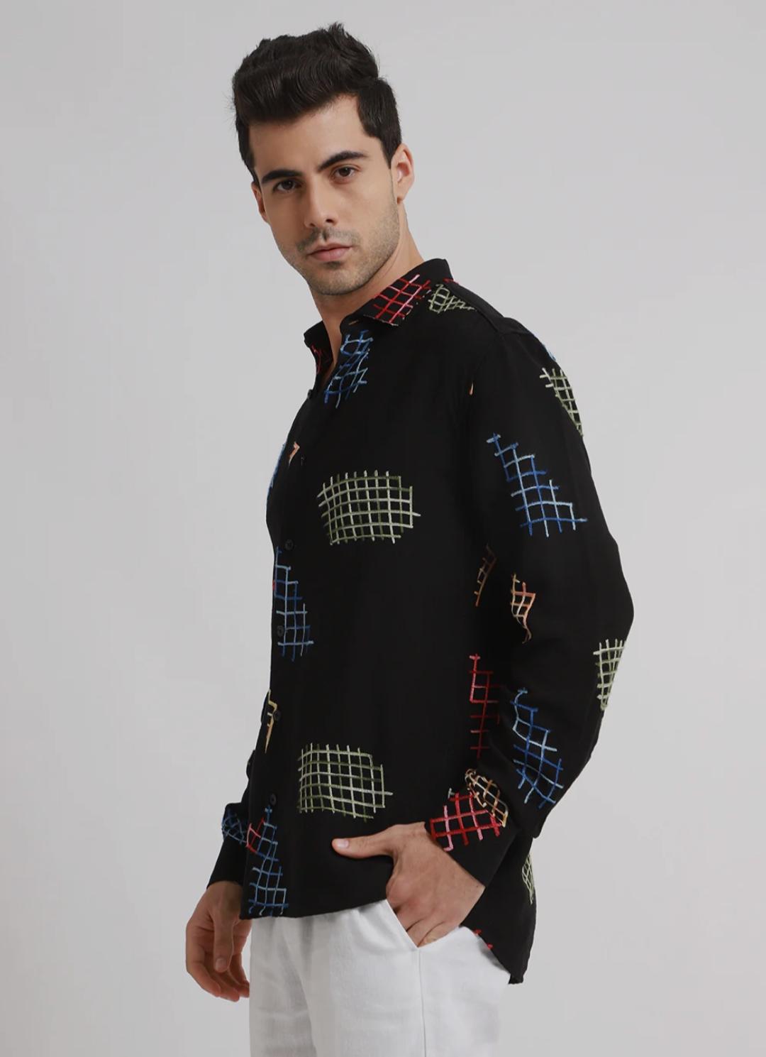 black embroidered shirt with geometric design