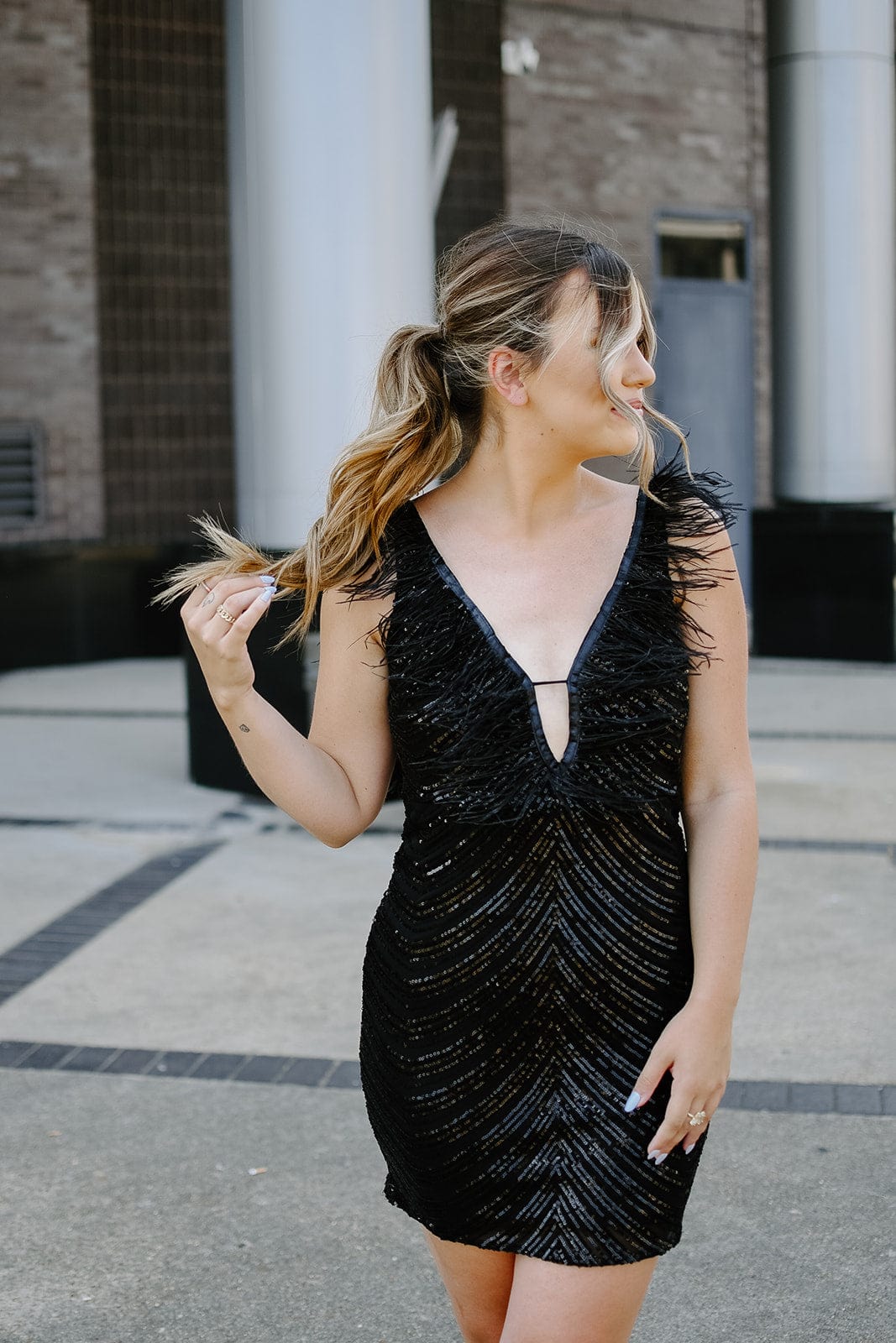 Black Feather Sequin Cocktail Dress