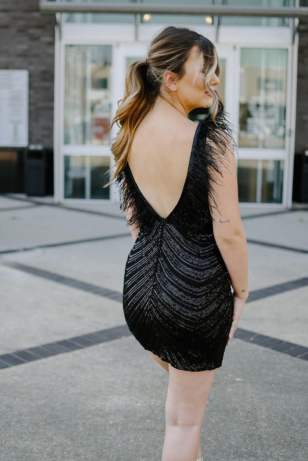 Black Feather Sequin Cocktail Dress