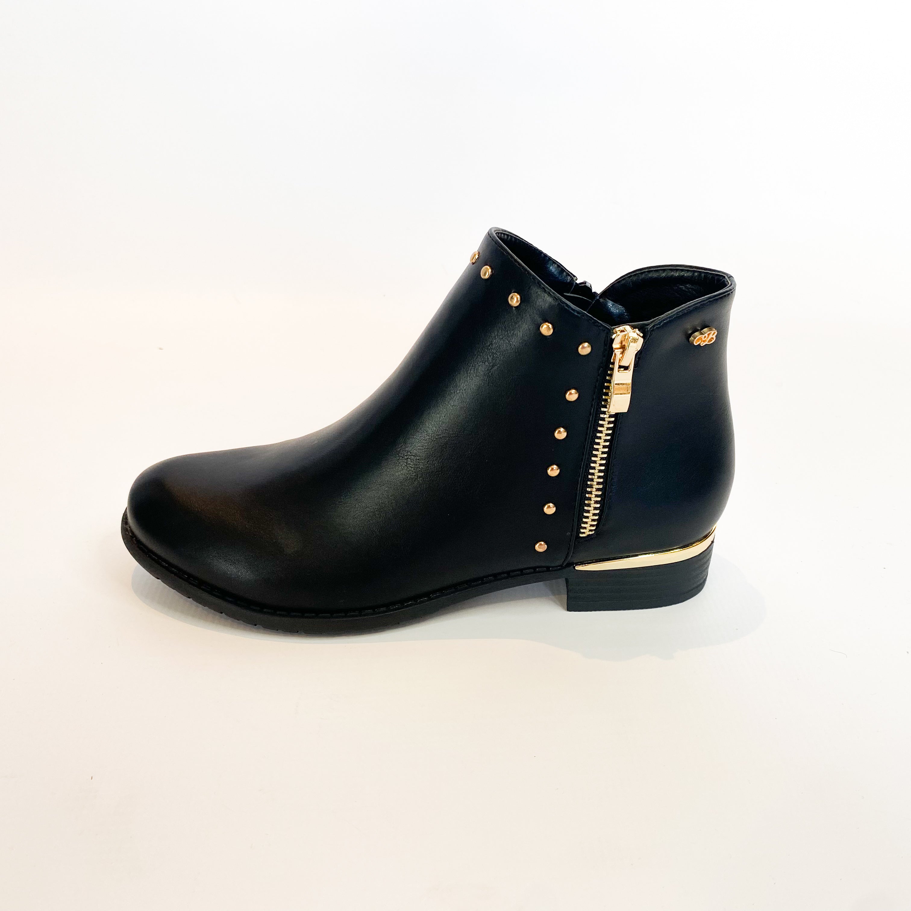 Black gold stud ankle boot.