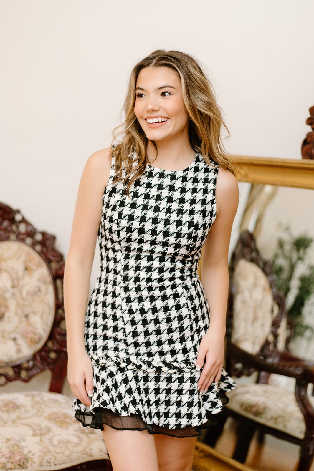 Black Houndstooth Ruffle Hem Dress – Shop Now!