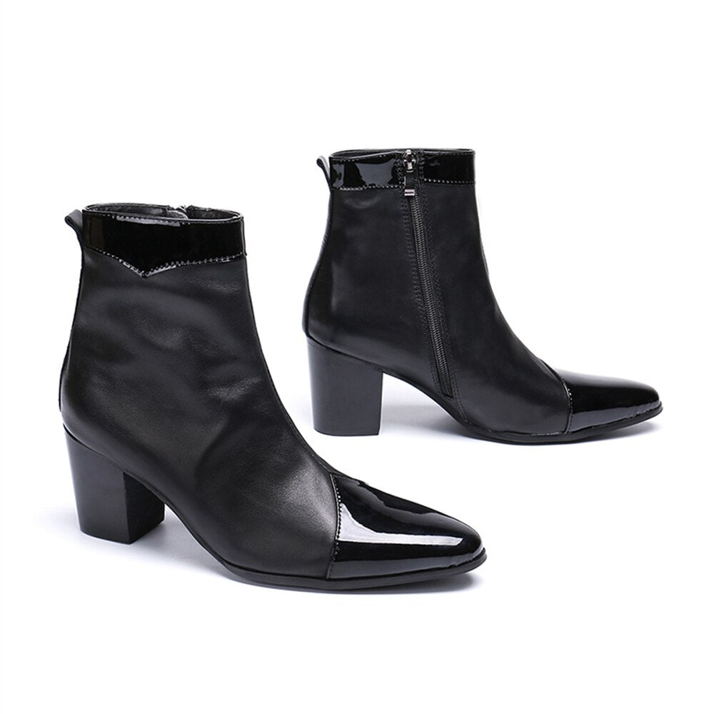 Black Leather Patchwork High Heels Men's Pointed-Toe Zipper Boots British Style