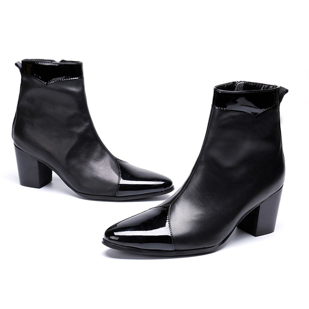 Black Leather Patchwork High Heels Men's Pointed-Toe Zipper Boots British Style