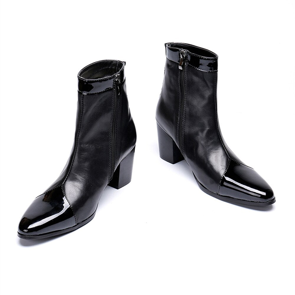 Black Leather Patchwork High Heels Men's Pointed-Toe Zipper Boots British Style