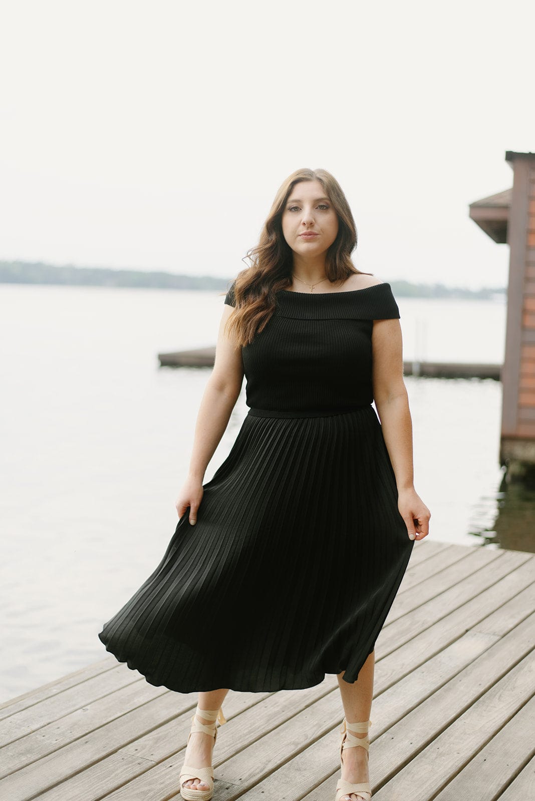 Black Off Shoulder Pleated Midi Dress