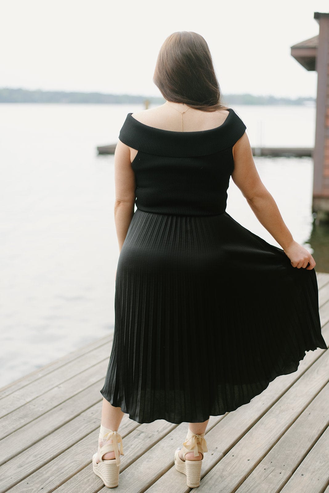 Black Off Shoulder Pleated Midi Dress