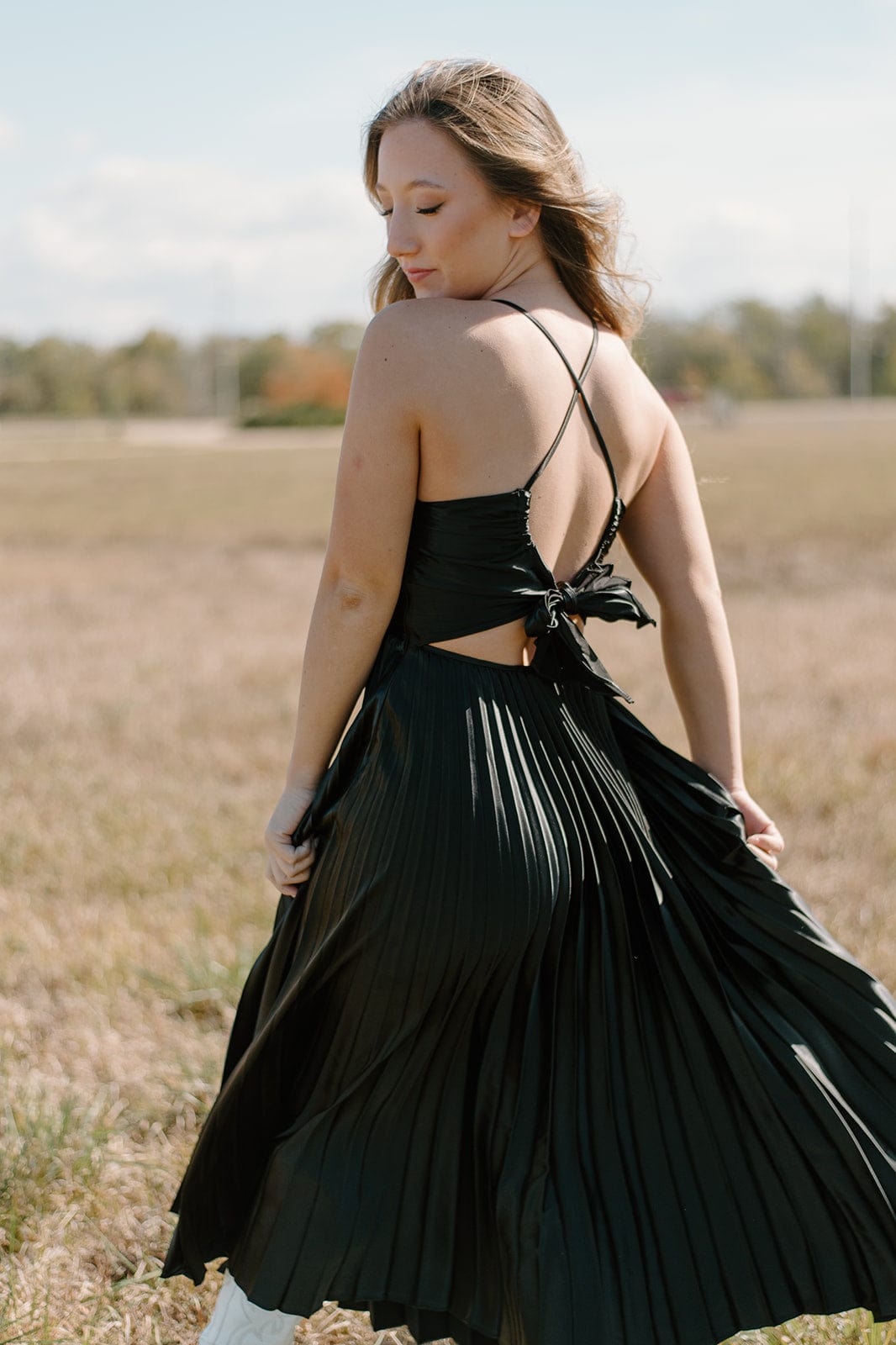 Black Pleated Tie Back Midi Dress