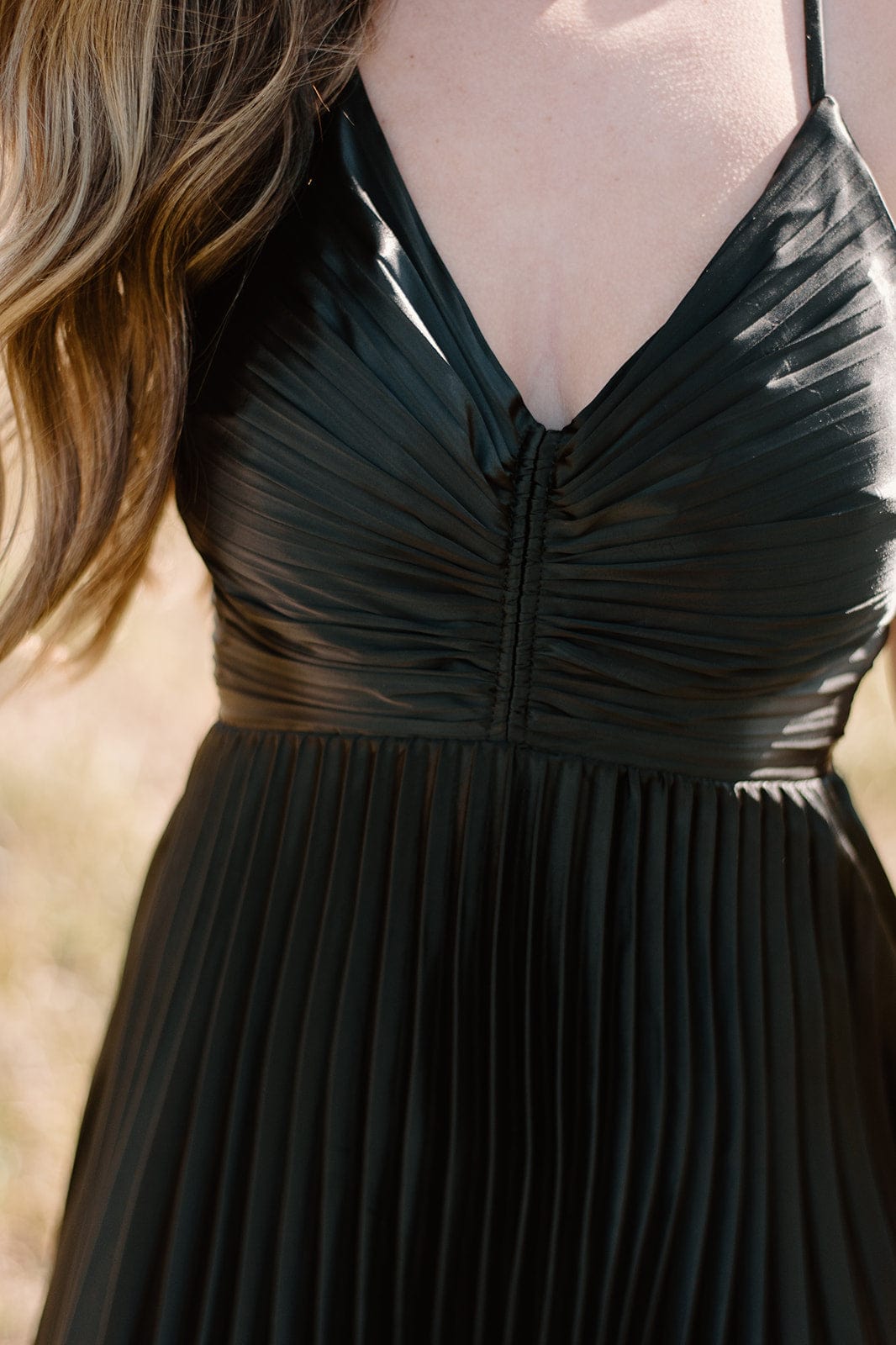 Black Pleated Tie Back Midi Dress