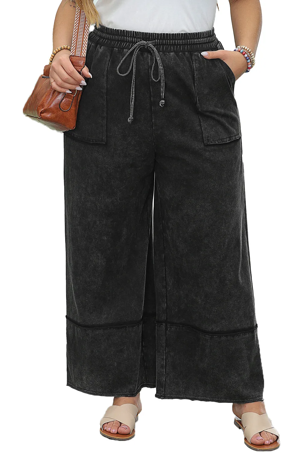 Black Plus Mineral Wash Wide Leg Cropped Pants with Exposed Seams