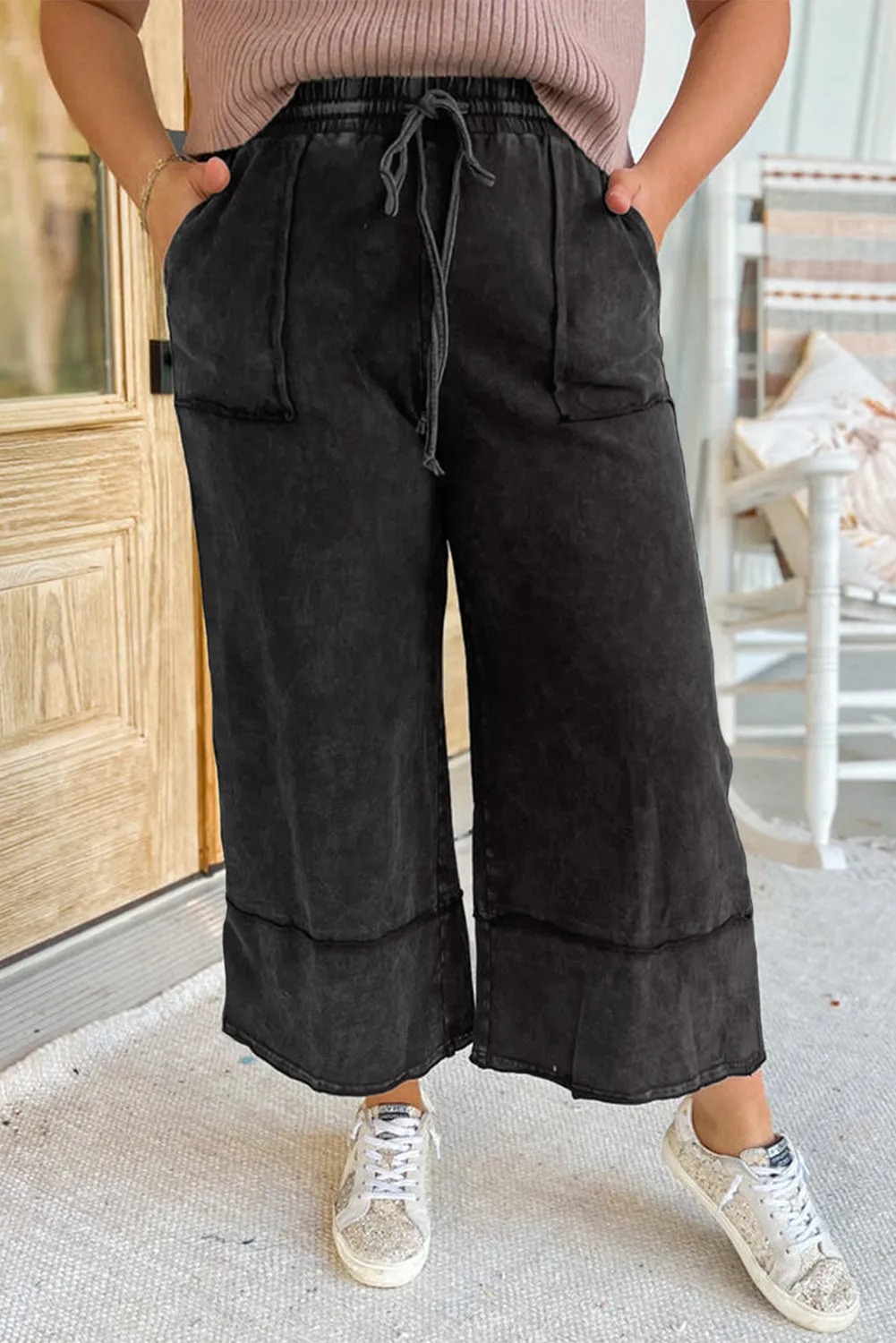 Black Plus Mineral Wash Wide Leg Cropped Pants with Exposed Seams