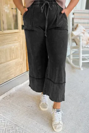 Black Plus Mineral Wash Wide Leg Cropped Pants with Exposed Seams