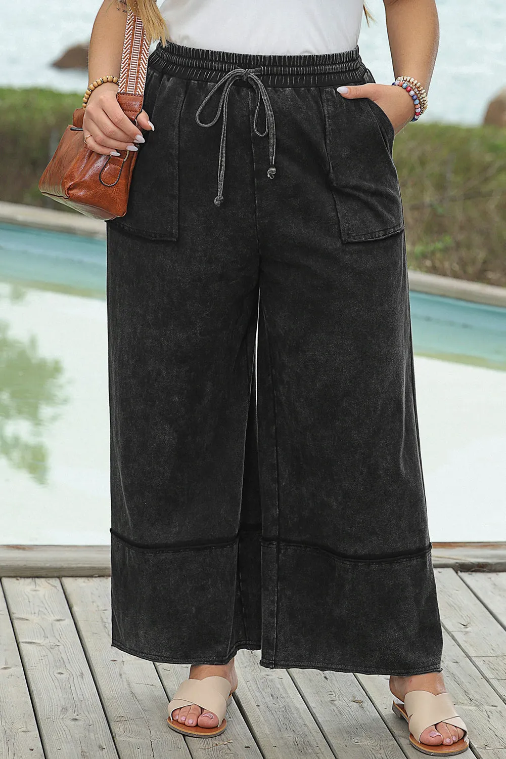 Black Plus Mineral Wash Wide Leg Cropped Pants with Exposed Seams