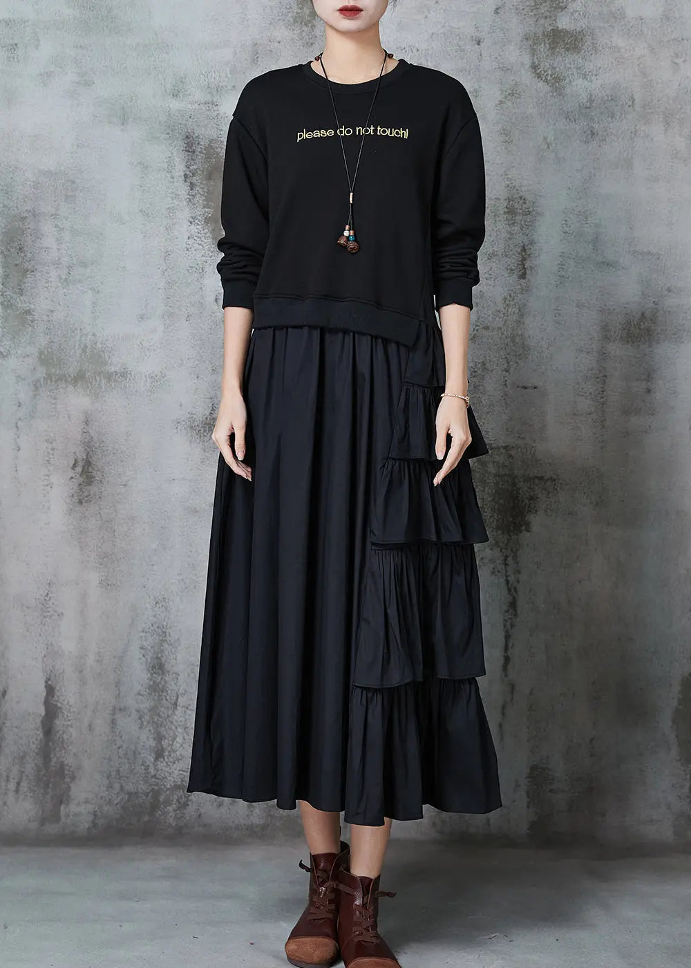 Black Sweatshirt Dress Ruffled Layered Spring JK1025