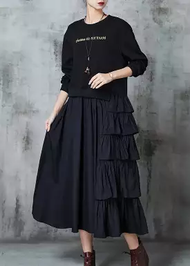 Black Sweatshirt Dress Ruffled Layered Spring JK1025