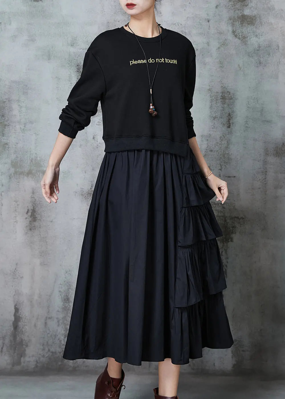 Black Sweatshirt Dress Ruffled Layered Spring JK1025