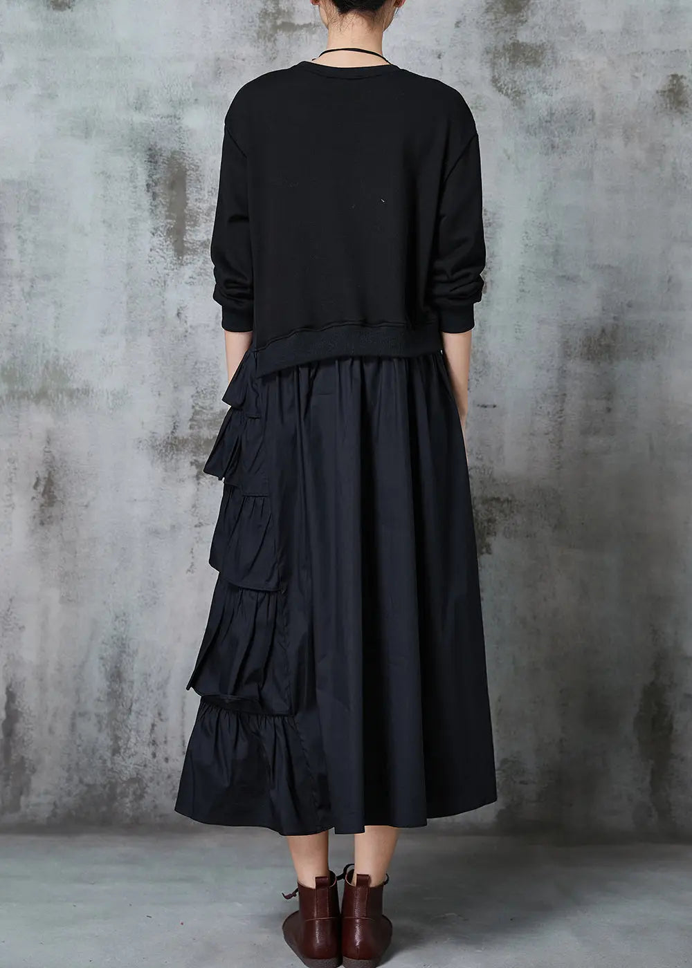 Black Sweatshirt Dress Ruffled Layered Spring JK1025