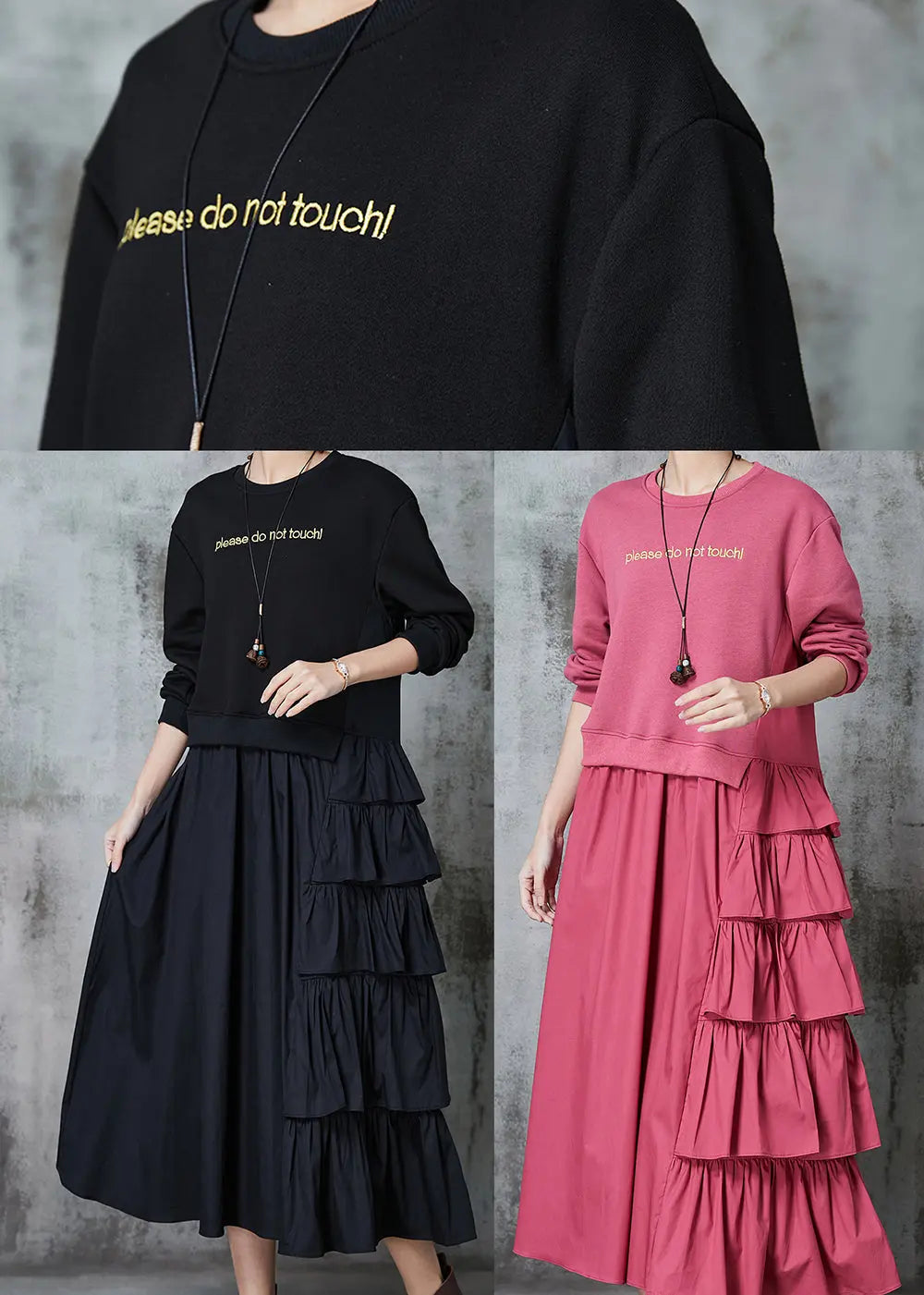 Black Sweatshirt Dress Ruffled Layered Spring JK1025