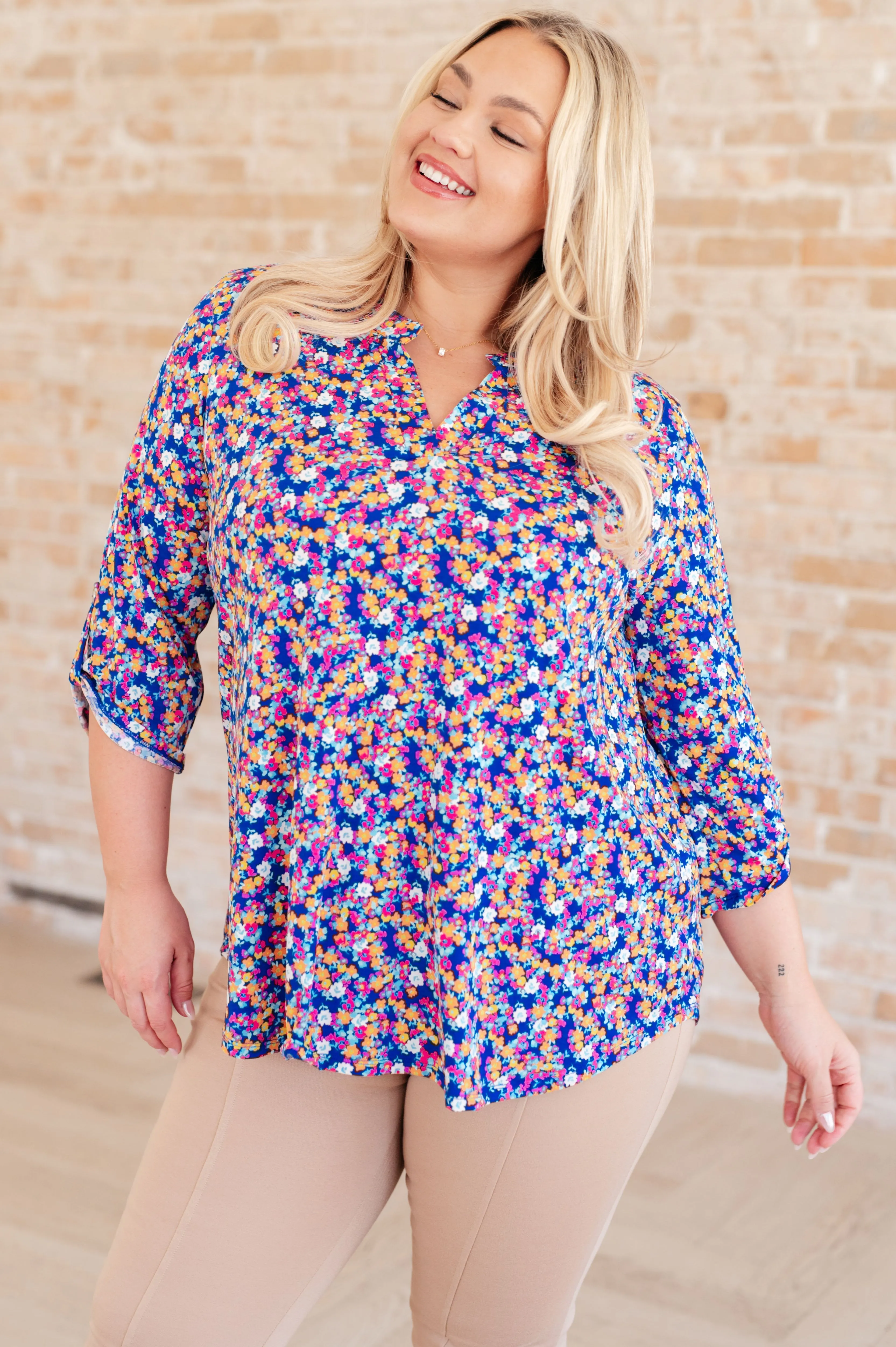 Blue and Pink Retro Ditsy Floral Lizzy Top